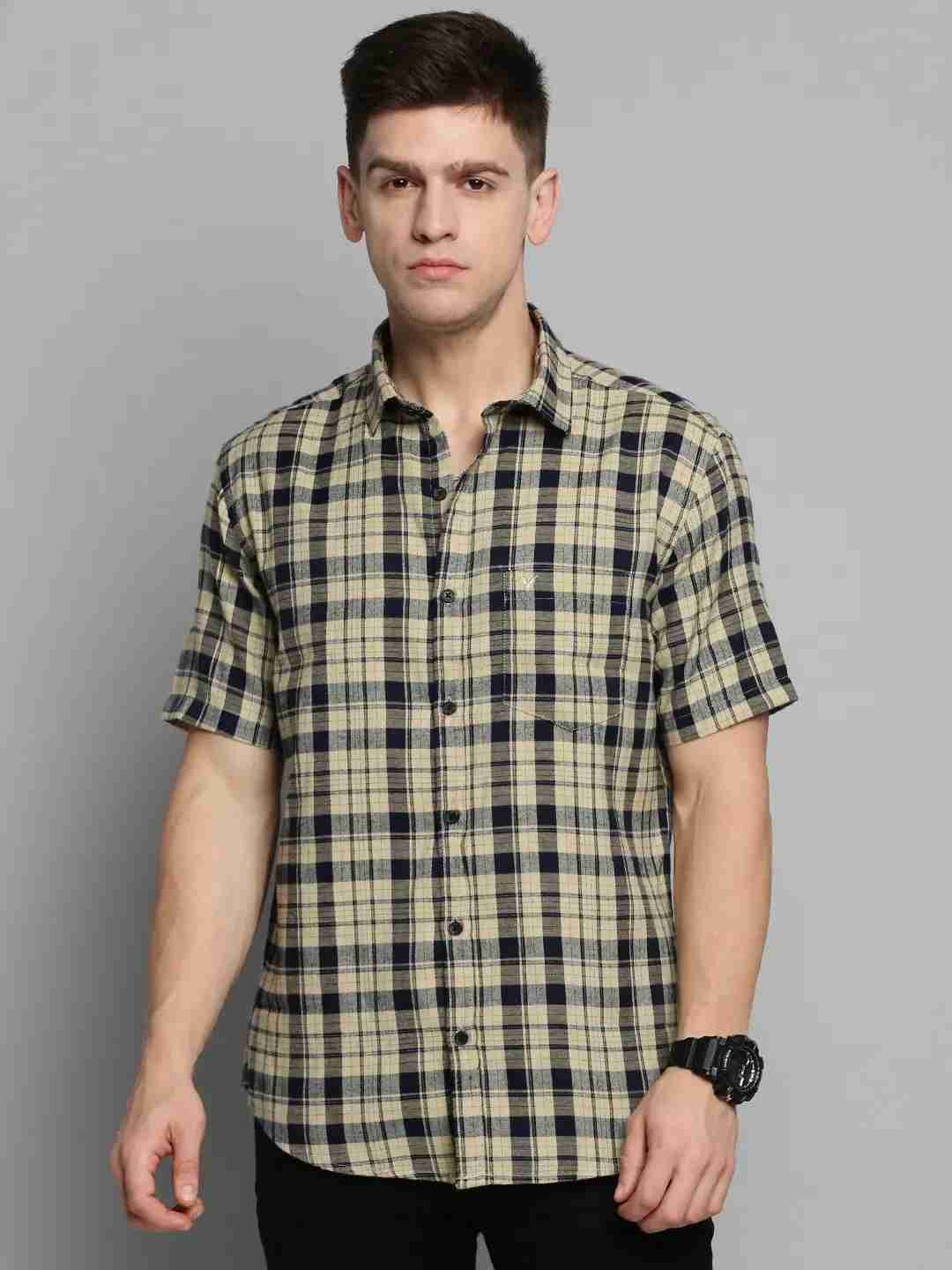 SHOWOFF Men Beige Checked Spread Collar Short Sleeves Casual Shirt