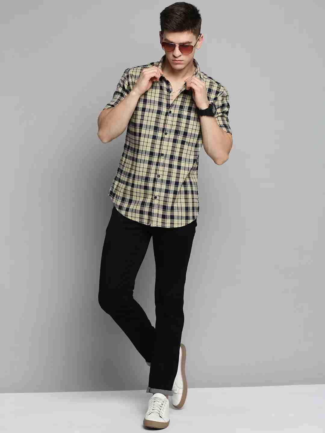 SHOWOFF Men Beige Checked Spread Collar Short Sleeves Casual Shirt