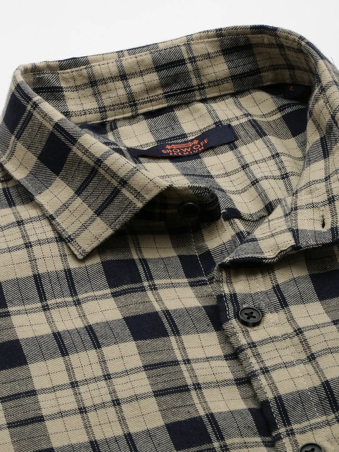 SHOWOFF Men Beige Checked Spread Collar Short Sleeves Casual Shirt