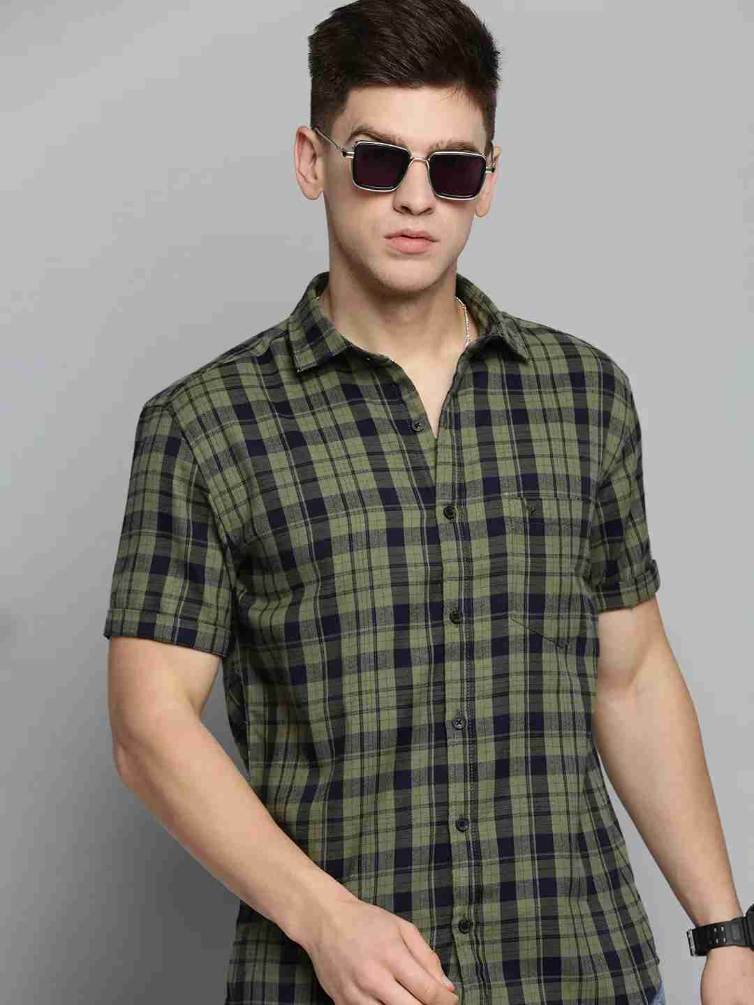 SHOWOFF Men Olive Checked Spread Collar Short Sleeves Casual Shirt