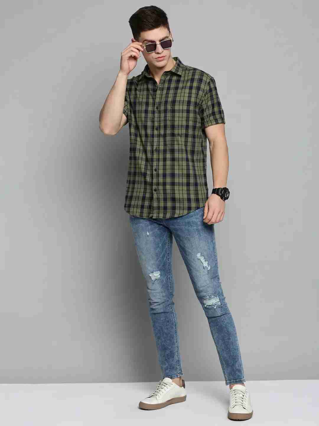 SHOWOFF Men Olive Checked Spread Collar Short Sleeves Casual Shirt