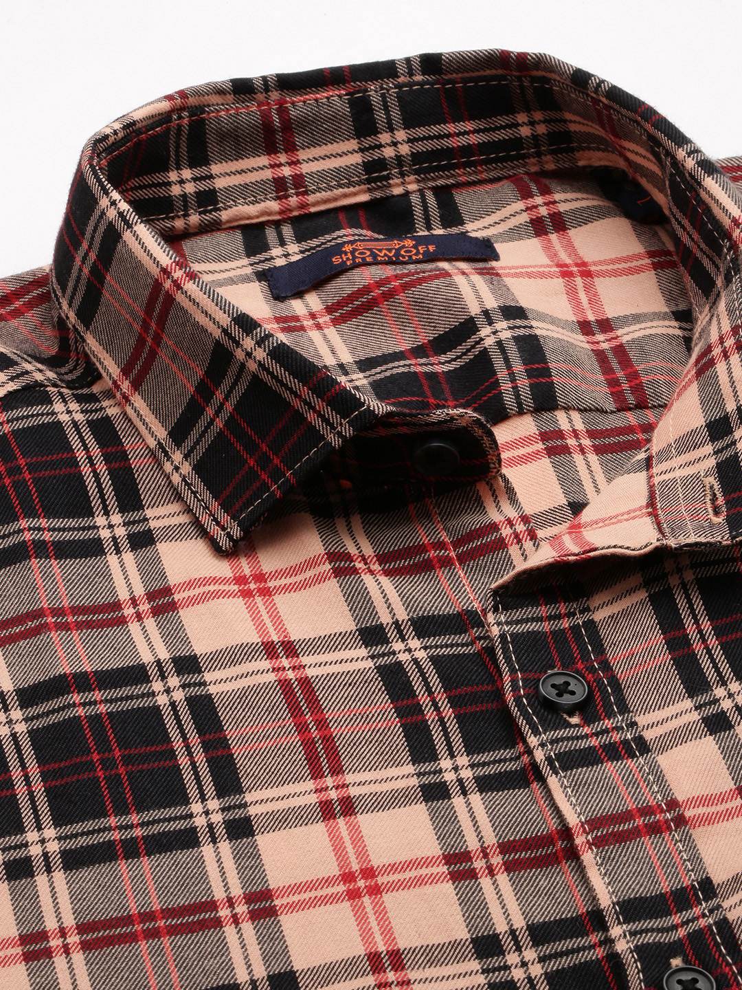 SHOWOFF Men Peach Checked Spread Collar Short Sleeves Casual Shirt