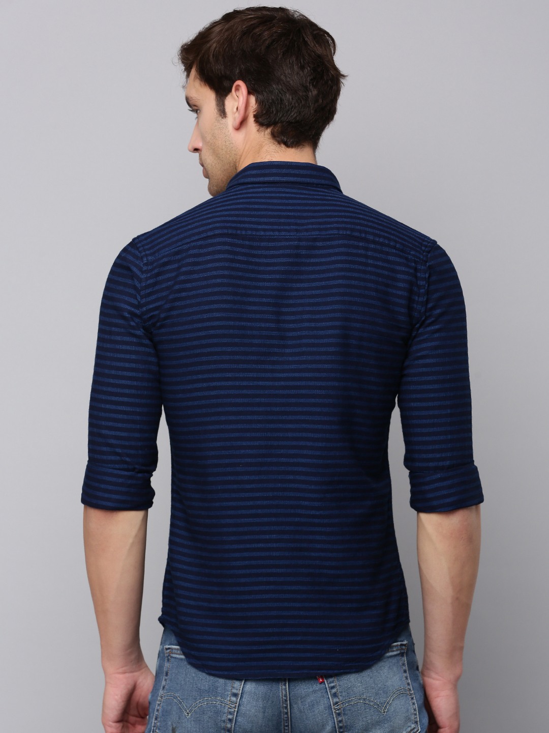 SHOWOFF Men Navy Blue Self Design Spread Collar Full Sleeves Casual Shirt
