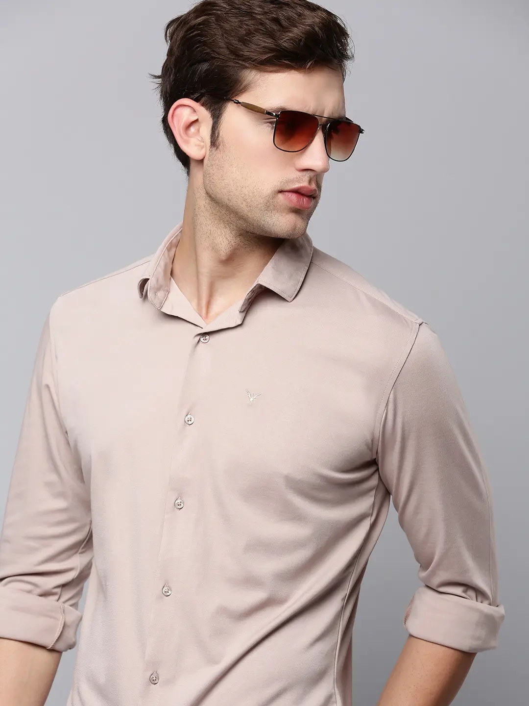 SHOWOFF Men Nude Solid Spread Collar Full Sleeves Casual Shirt