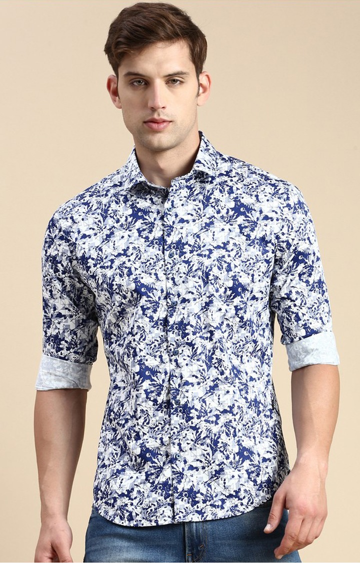 SHOWOFF Men's Spread Collar Blue Slim Fit Printed Shirt