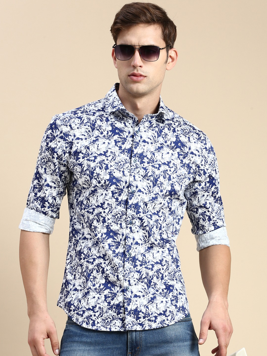 SHOWOFF Men's Spread Collar Blue Slim Fit Printed Shirt