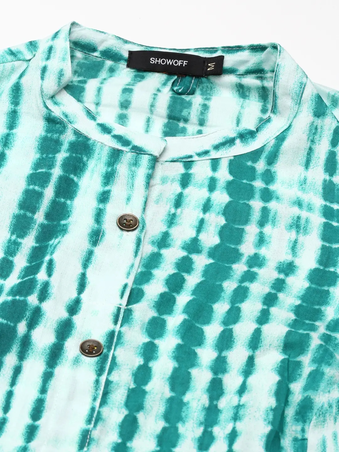 Showoff | SHOWOFF Women Green Abstract  Mandarin Collar Three-Quarter Sleeves Mid Length Straight Kurta 1