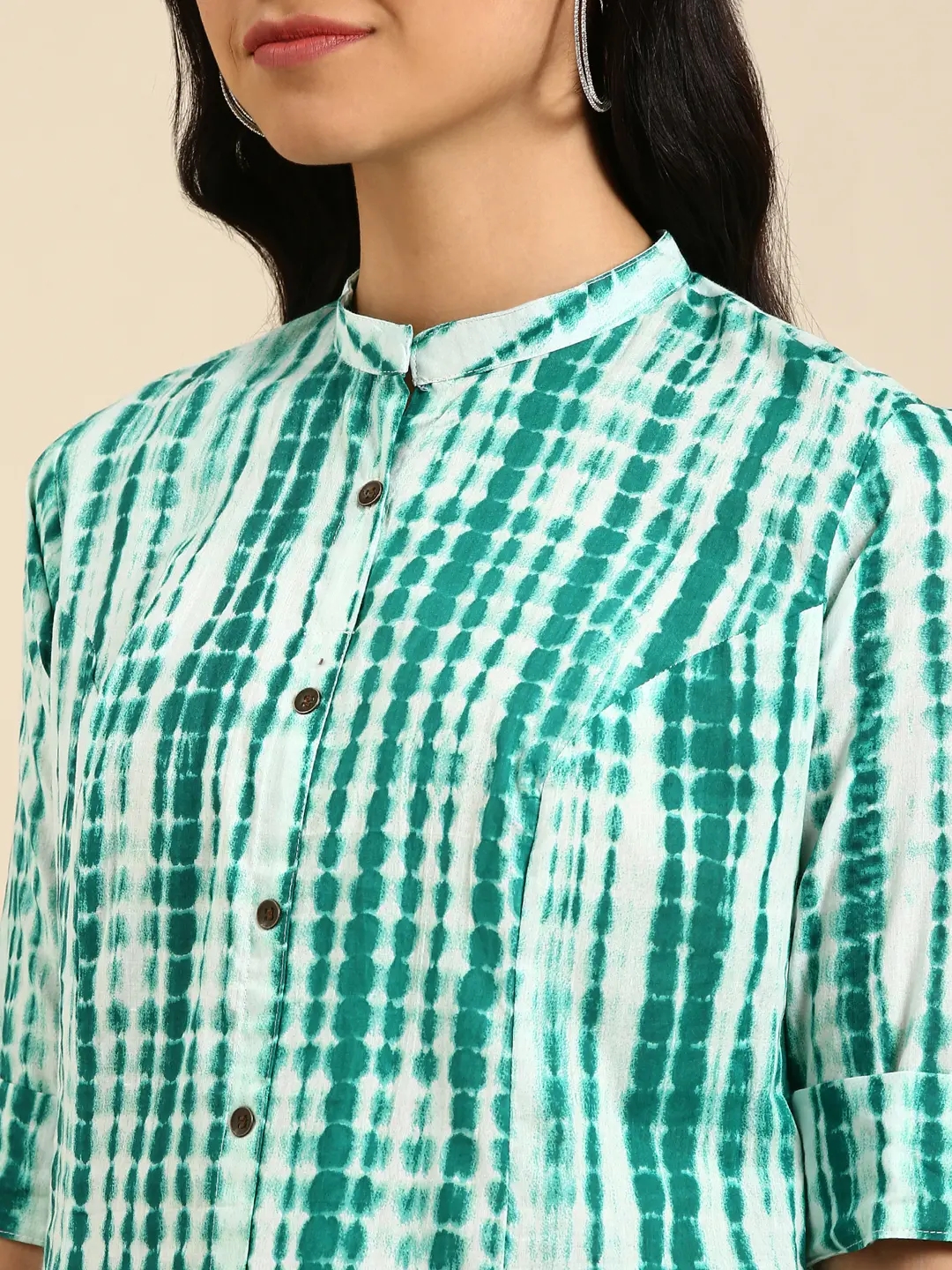 Showoff | SHOWOFF Women Green Abstract  Mandarin Collar Three-Quarter Sleeves Mid Length Straight Kurta 6