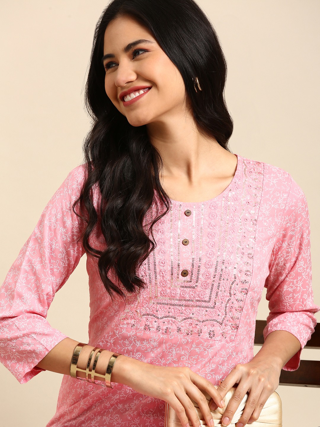 SHOWOFF Women's Round Neck Woven Design Pink Straight Kurta