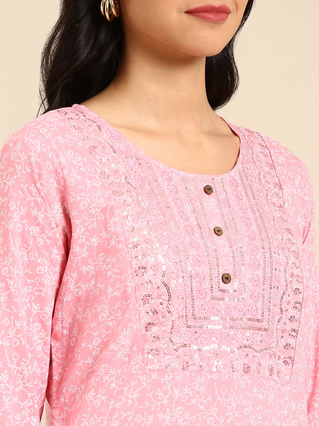 SHOWOFF Women's Round Neck Woven Design Pink Straight Kurta