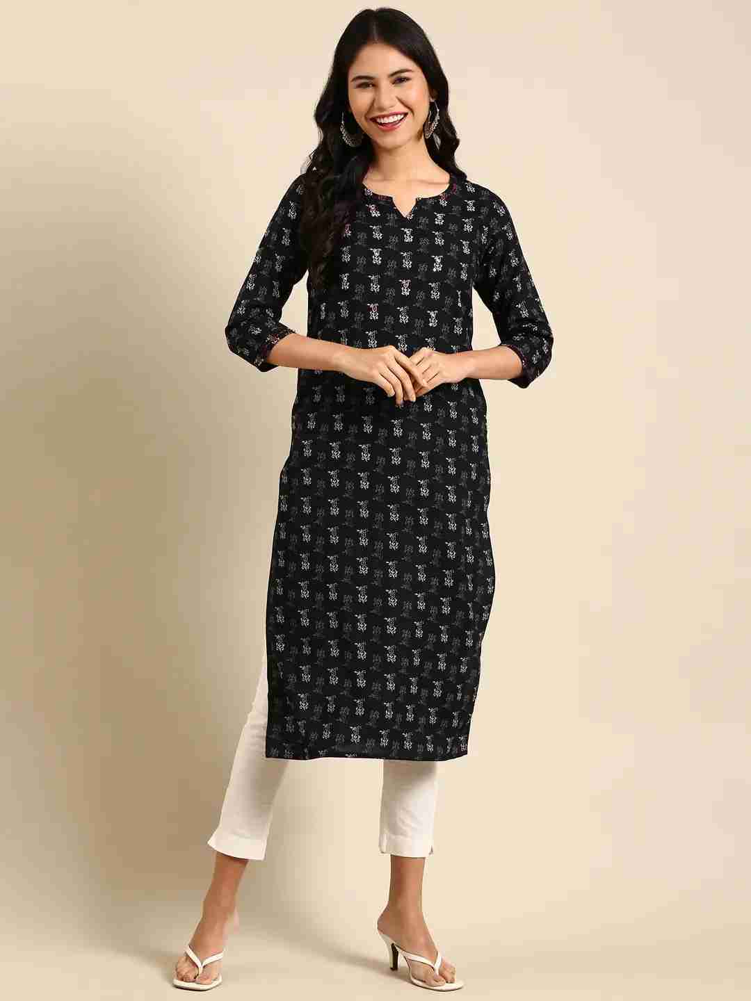 SHOWOFF Women Black Ethnic Motifs Round Neck Three-Quarter Sleeves Mid Length Straight Kurta