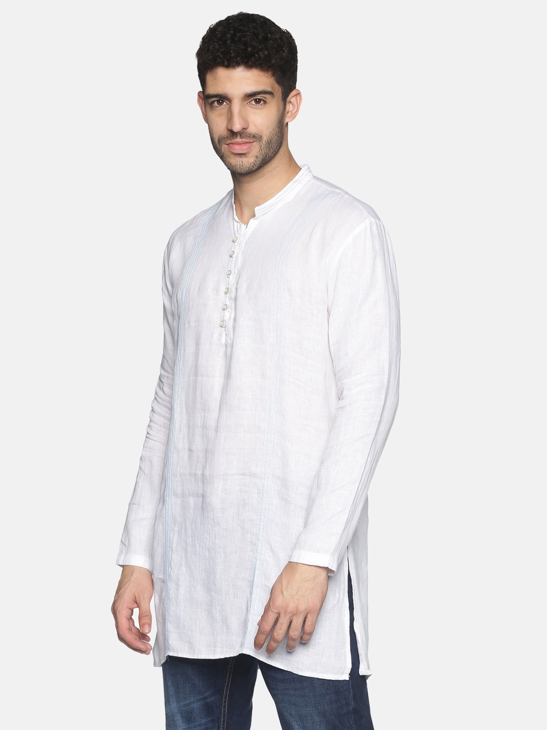 SHOWOFF Men White Solid Mandarin Collar Full Sleeves Above Knee Straight Kurta