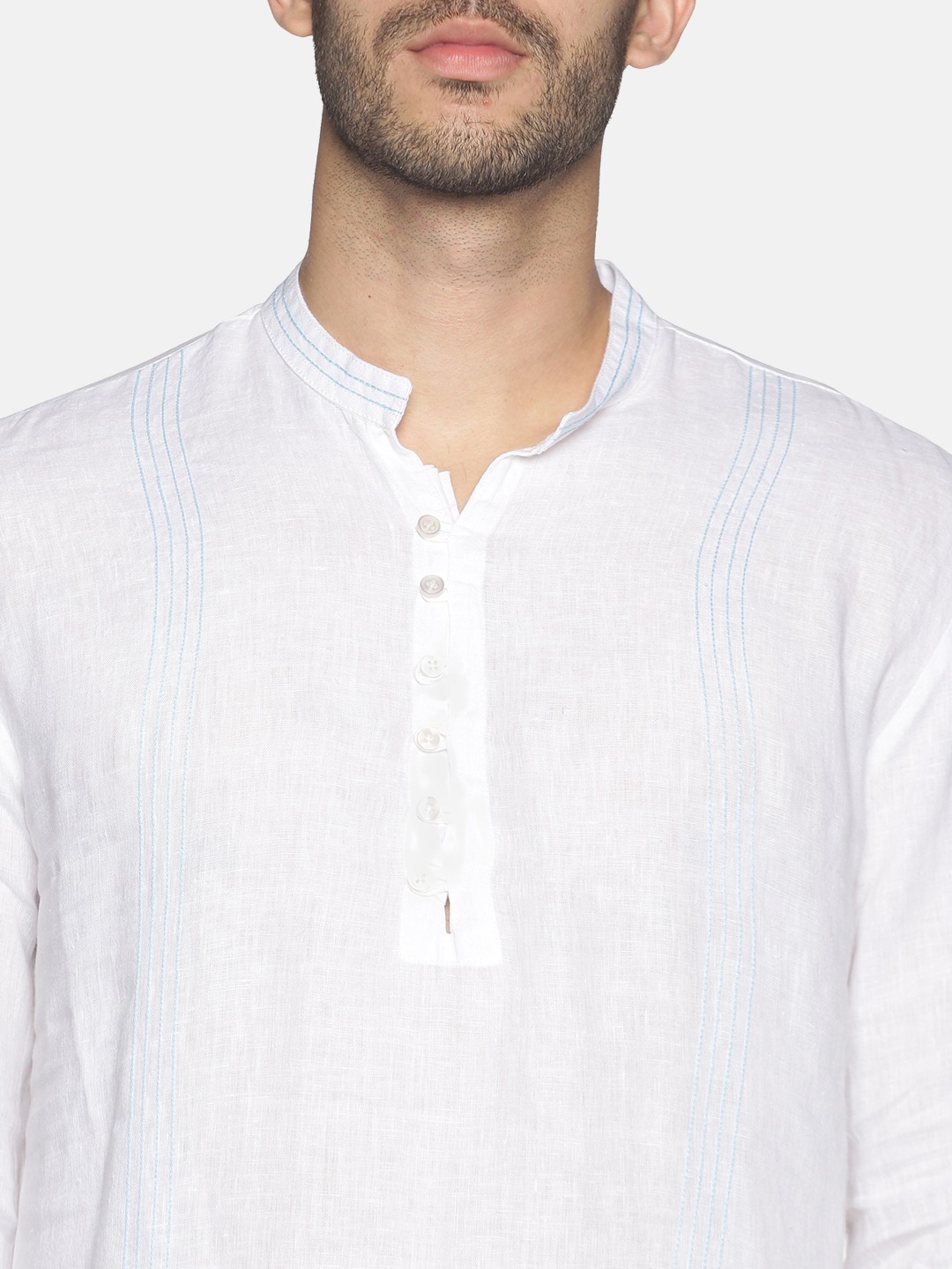SHOWOFF Men White Solid Mandarin Collar Full Sleeves Above Knee Straight Kurta