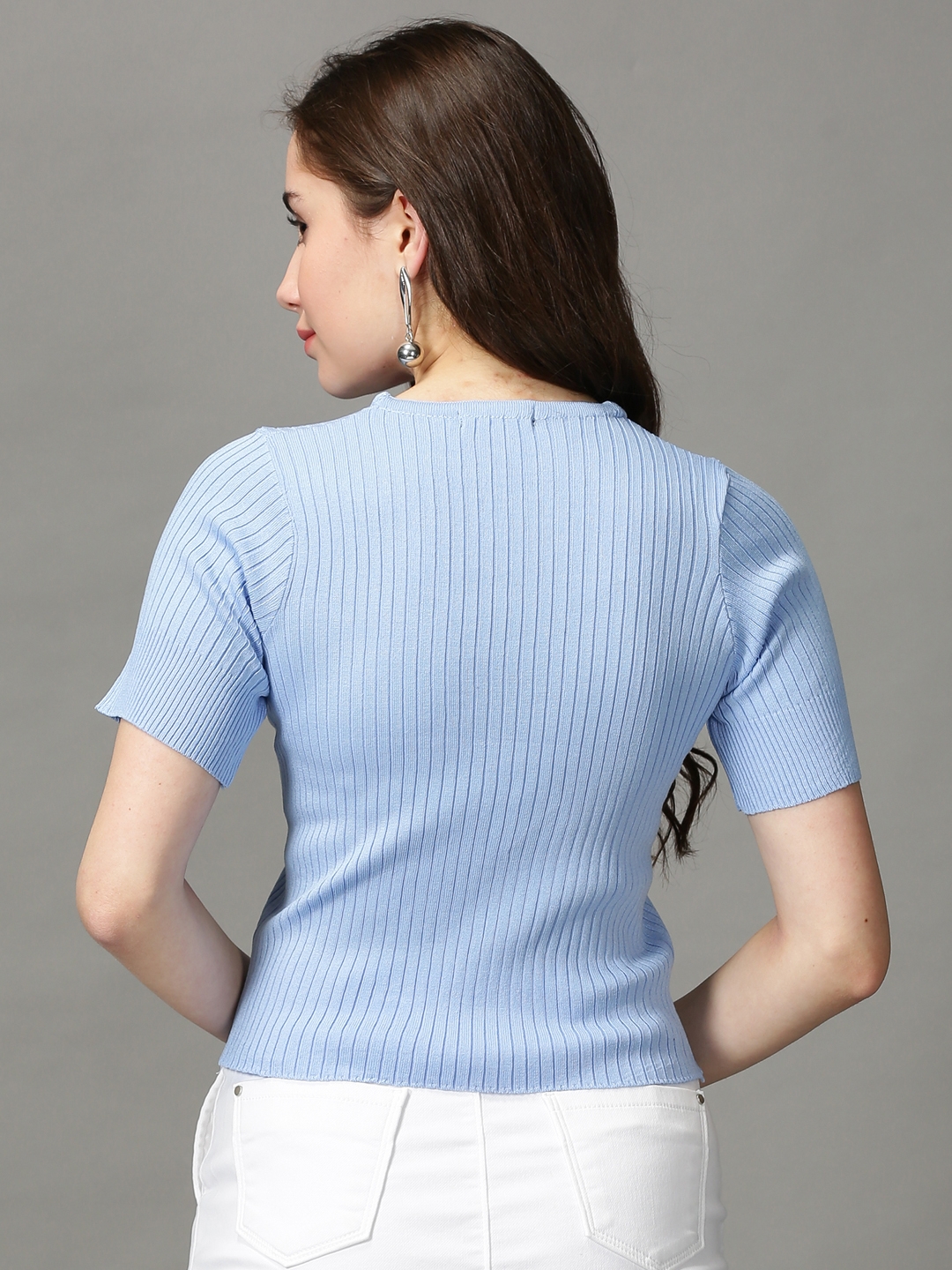 Showoff | SHOWOFF Women Blue Solid V Neck Short Sleeves Crop Fitted Top 3