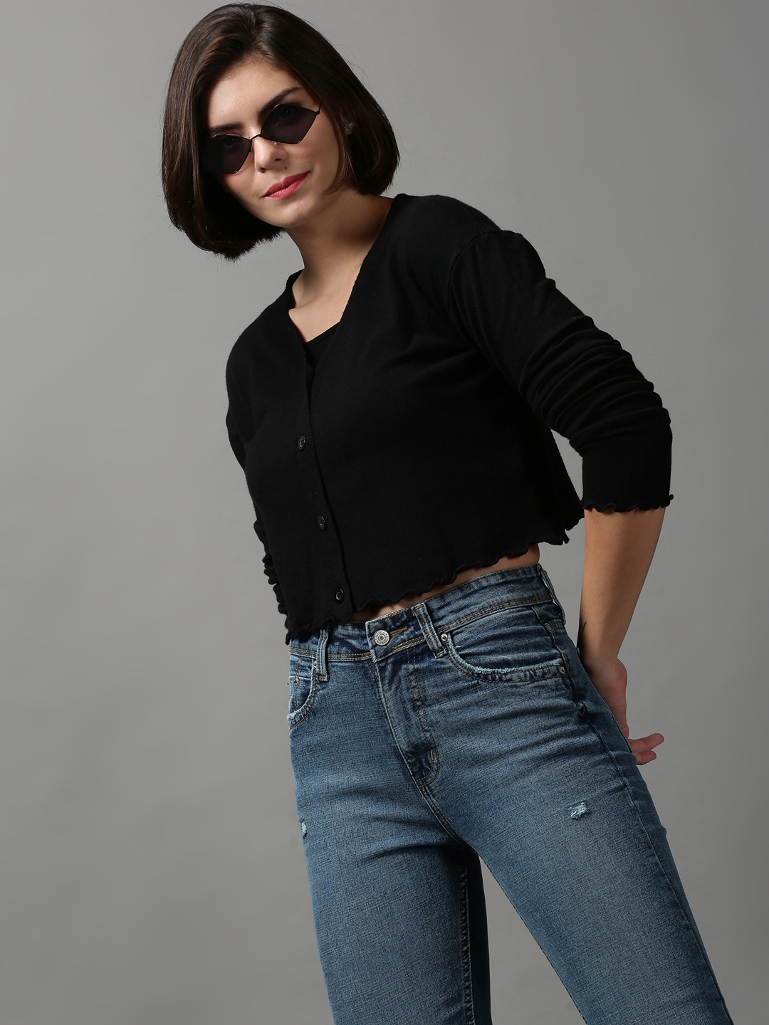 Showoff | SHOWOFF Women Black Solid V Neck Full Sleeves Crop Sweater Vest Sweater 0