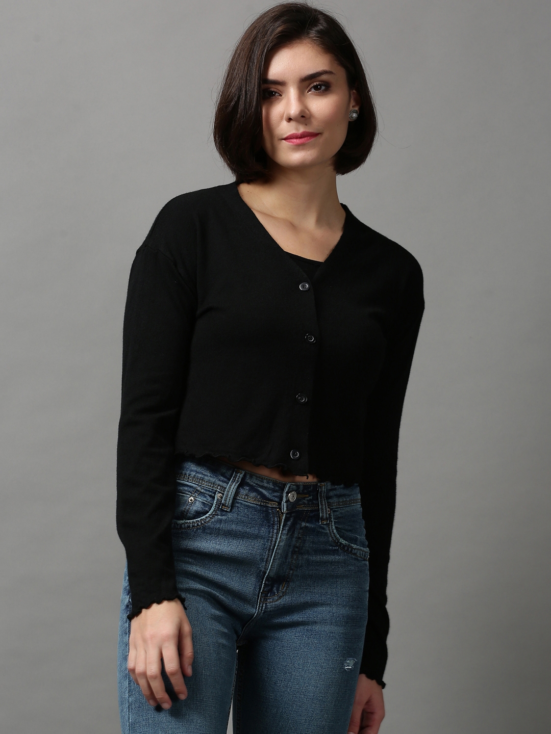 Showoff | SHOWOFF Women Black Solid V Neck Full Sleeves Crop Sweater Vest Sweater 1