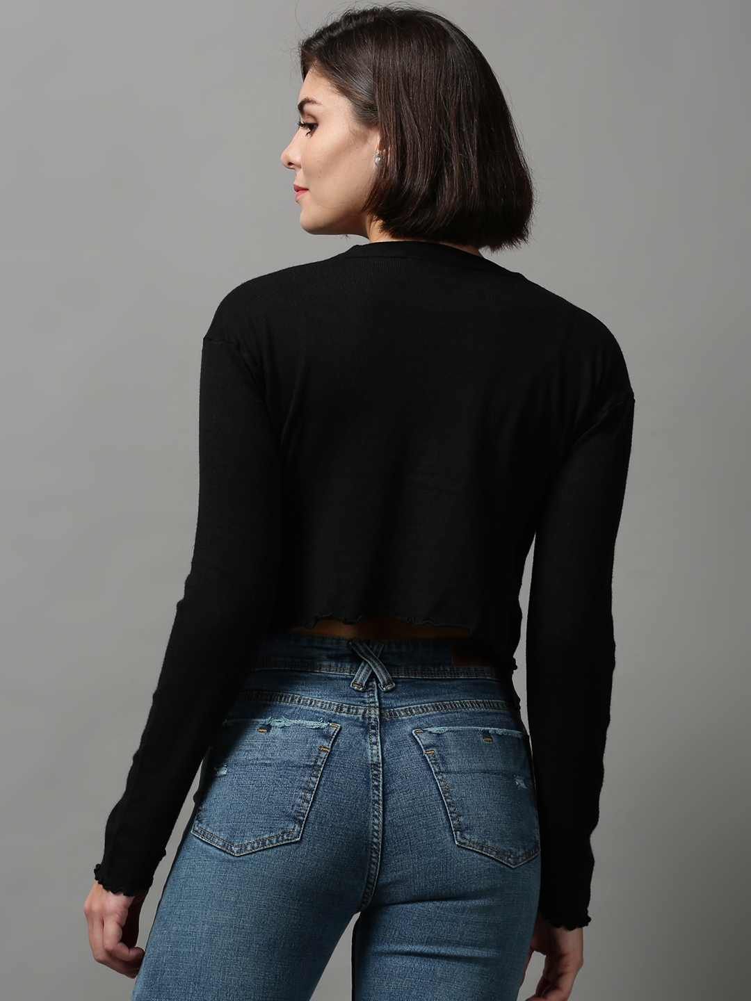 Showoff | SHOWOFF Women Black Solid V Neck Full Sleeves Crop Sweater Vest Sweater 3