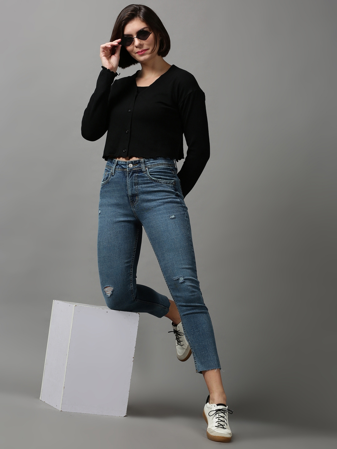 Showoff | SHOWOFF Women Black Solid V Neck Full Sleeves Crop Sweater Vest Sweater 4