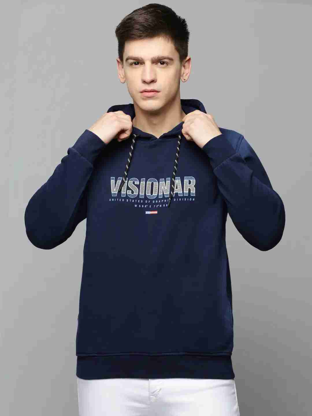 SHOWOFF Men Navy Blue Solid Hooded Full Sleeves Pullover Sweatshirt