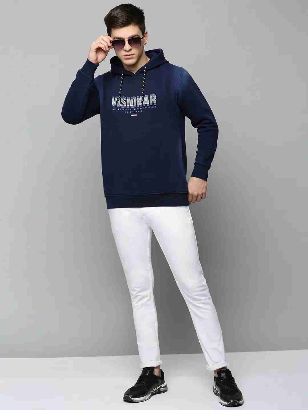 SHOWOFF Men Navy Blue Solid Hooded Full Sleeves Pullover Sweatshirt