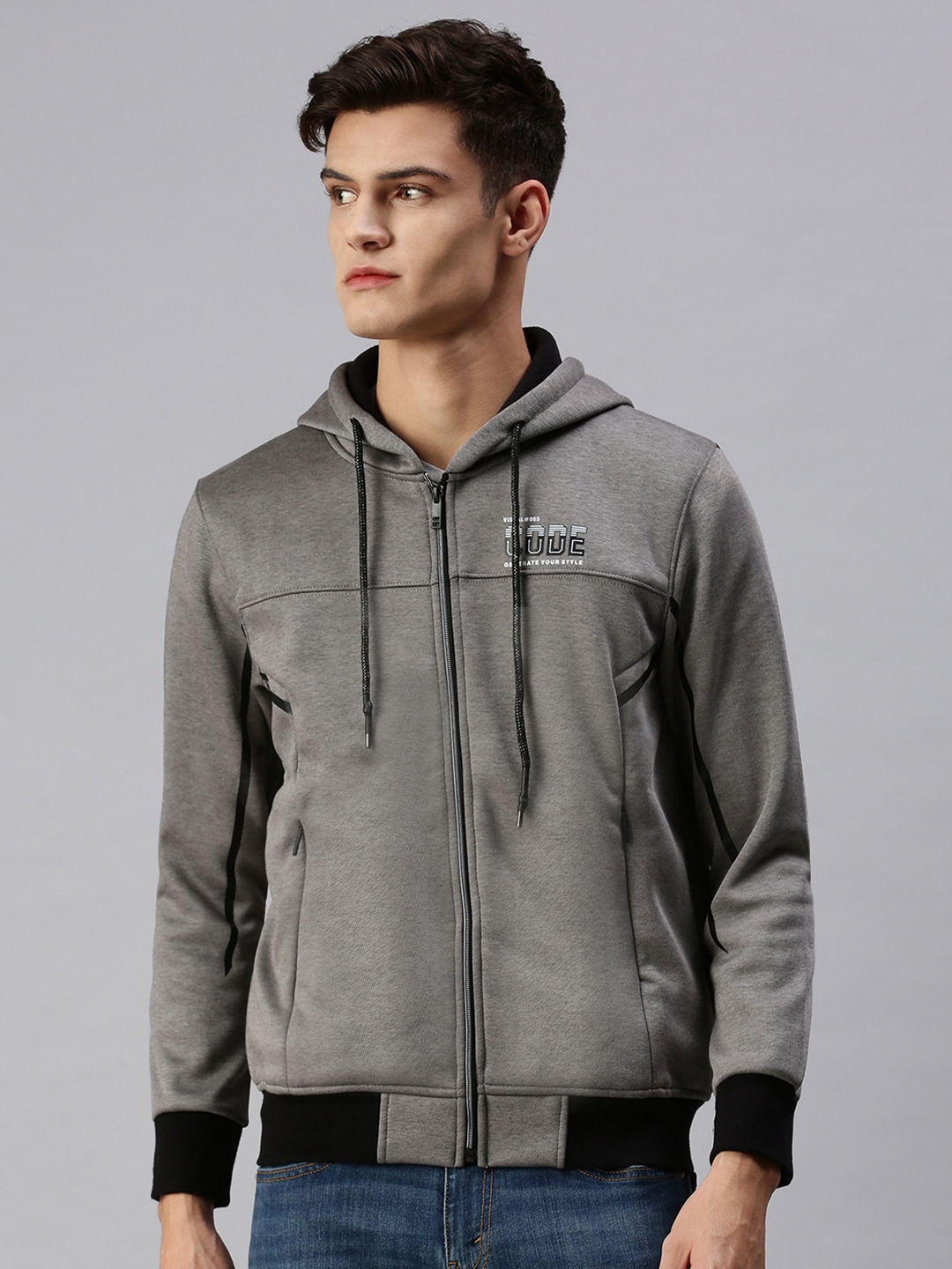 Showoff | SHOWOFF Men Grey Solid Hooded Full Sleeves Slim Fit Sweatshirt 1