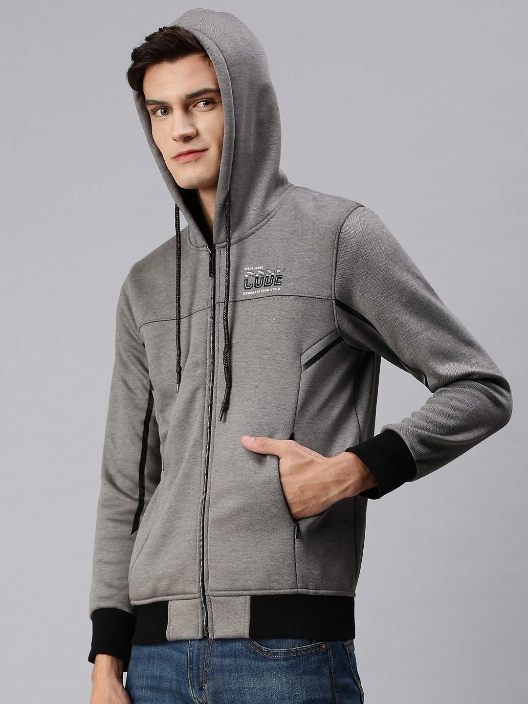 Showoff | SHOWOFF Men Grey Solid Hooded Full Sleeves Slim Fit Sweatshirt 2