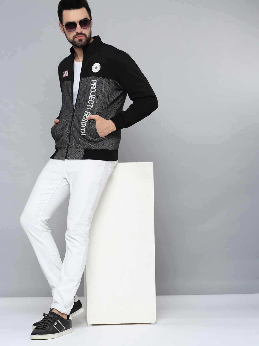 Showoff | SHOWOFF Men Grey Self Design High Neck Full Sleeves Front-Open Sweatshirt 4