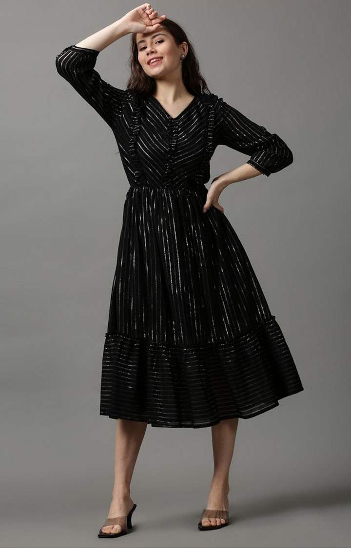 Showoff | SHOWOFF Women Black Striped V Neck Three-Quarter Sleeves Midi Empire Dress 0