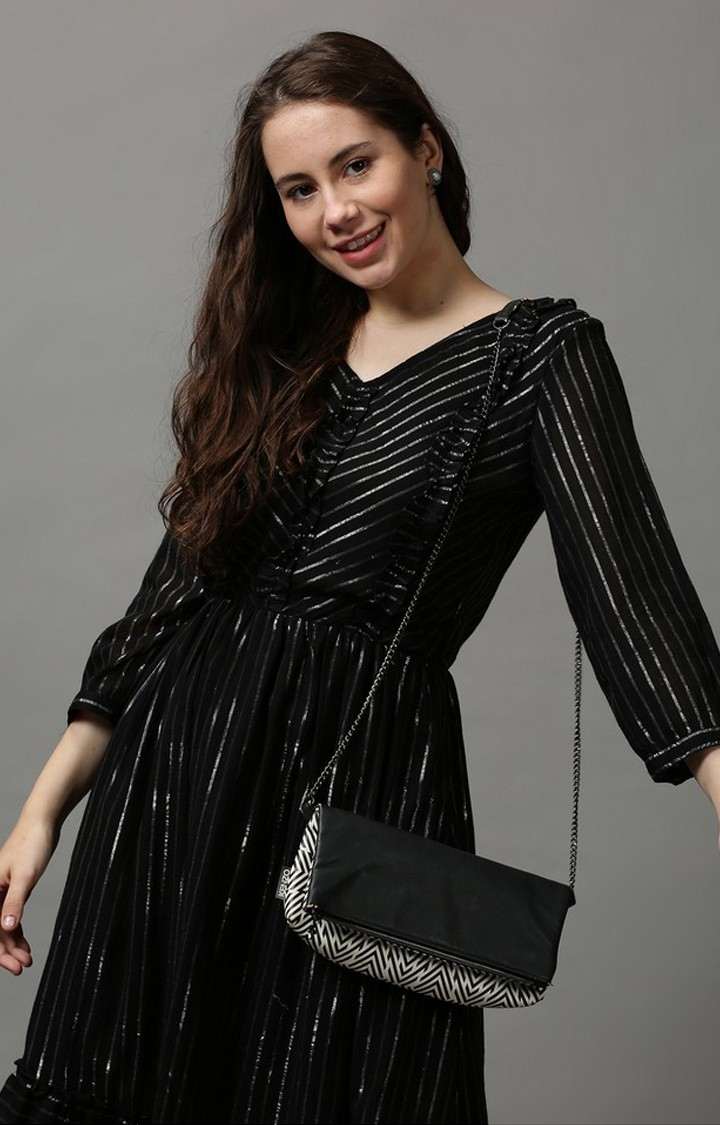 Showoff | SHOWOFF Women Black Striped V Neck Three-Quarter Sleeves Midi Empire Dress 1