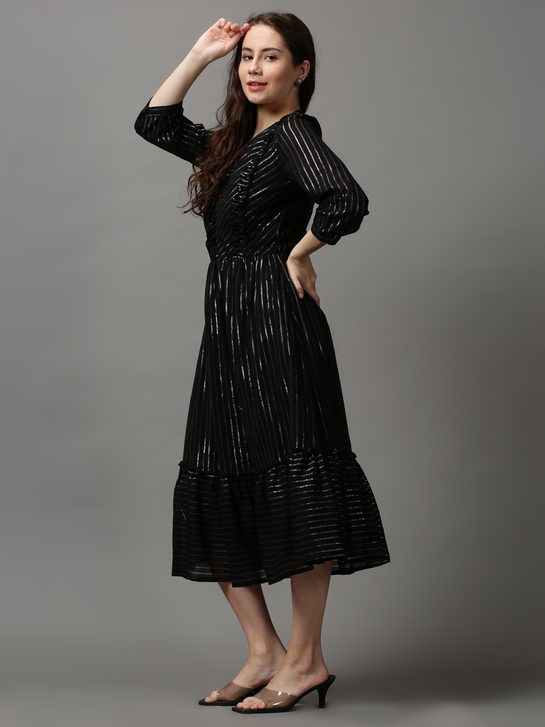 Showoff | SHOWOFF Women Black Striped V Neck Three-Quarter Sleeves Midi Empire Dress 2