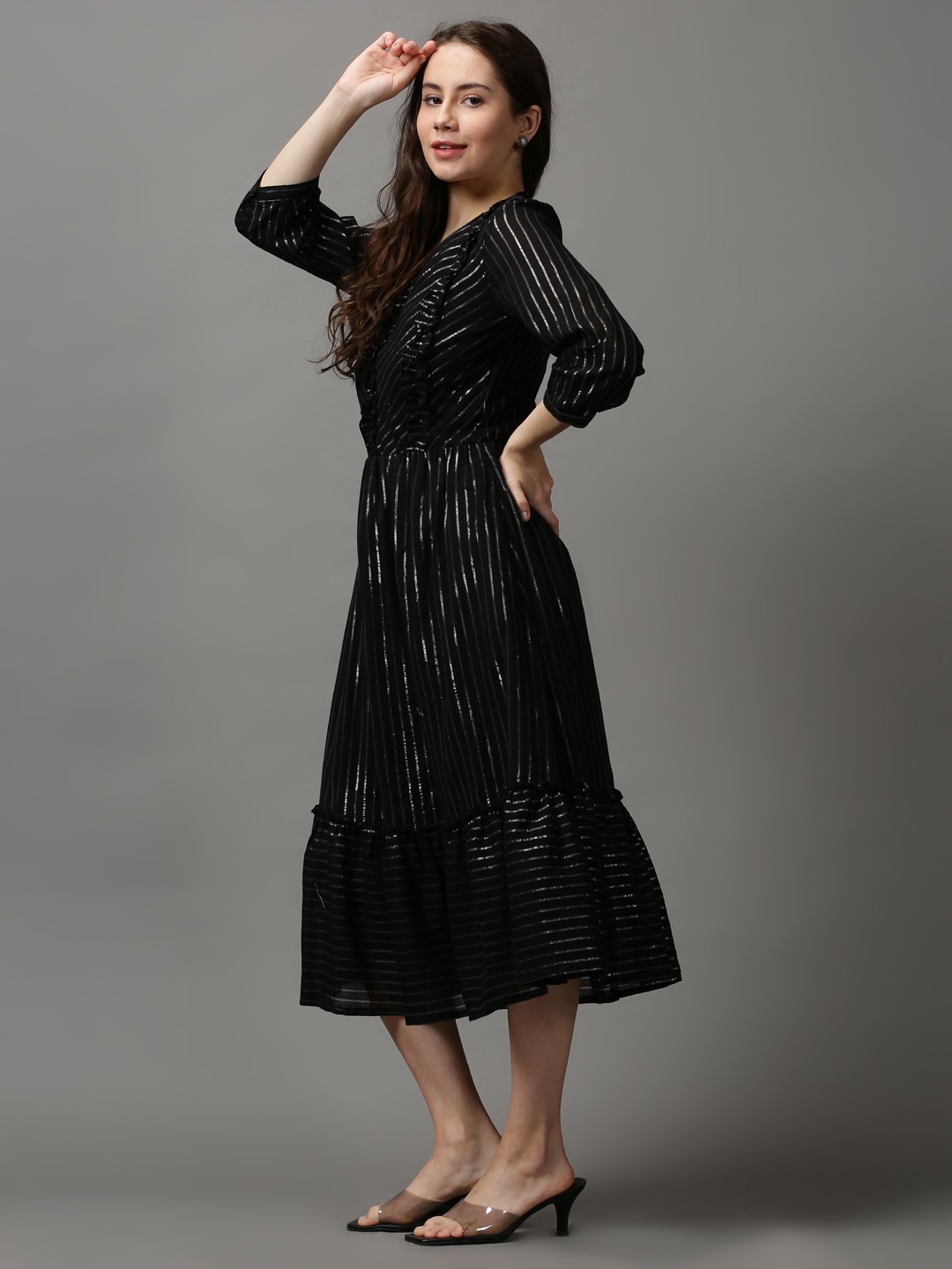 Showoff | SHOWOFF Women Black Striped V Neck Three-Quarter Sleeves Midi Empire Dress 2