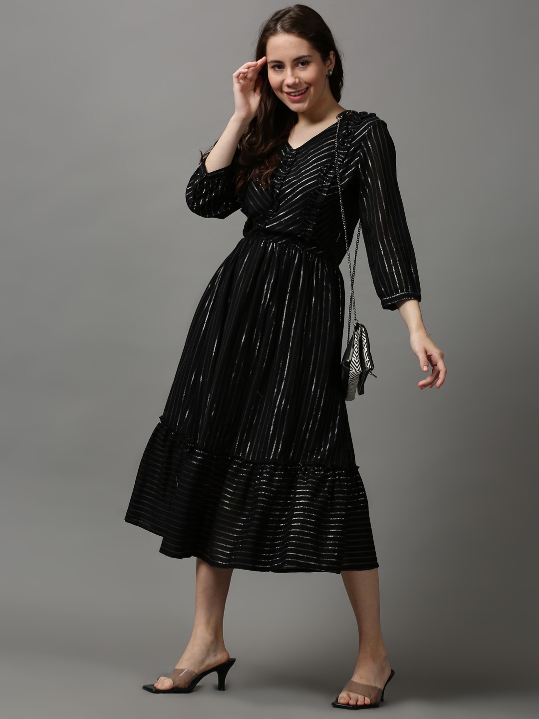 Showoff | SHOWOFF Women Black Striped V Neck Three-Quarter Sleeves Midi Empire Dress 4