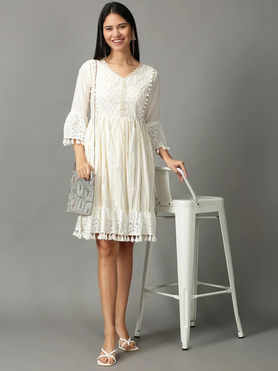 white off the shoulder knee length dress