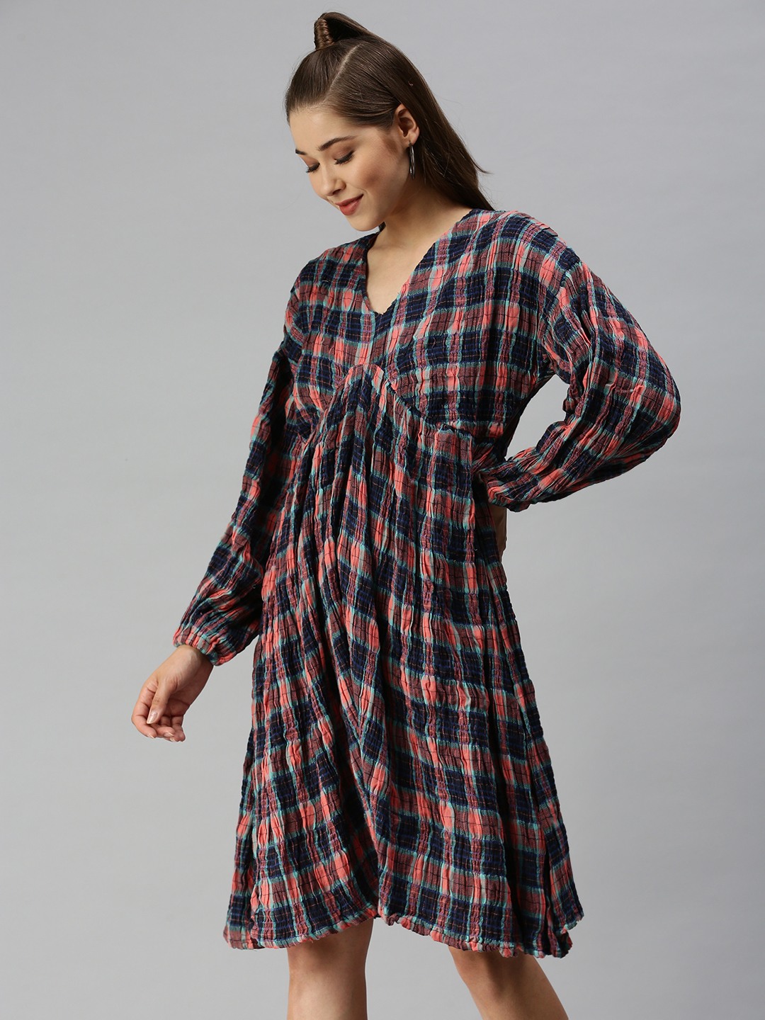 SHOWOFF Women's Checked Multi Fit and Flare Dress