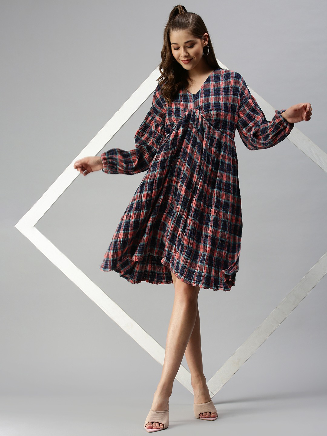 SHOWOFF Women's Checked Multi Fit and Flare Dress
