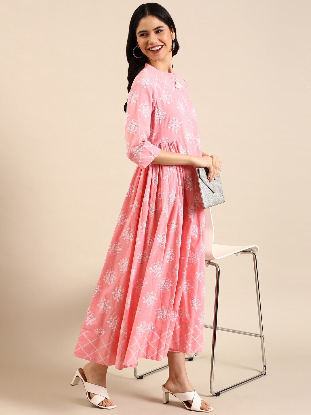 SHOWOFF Women Pink Ethnic Motifs Round Neck Three-Quarter Sleeves Ankle Length A-Line Kurta