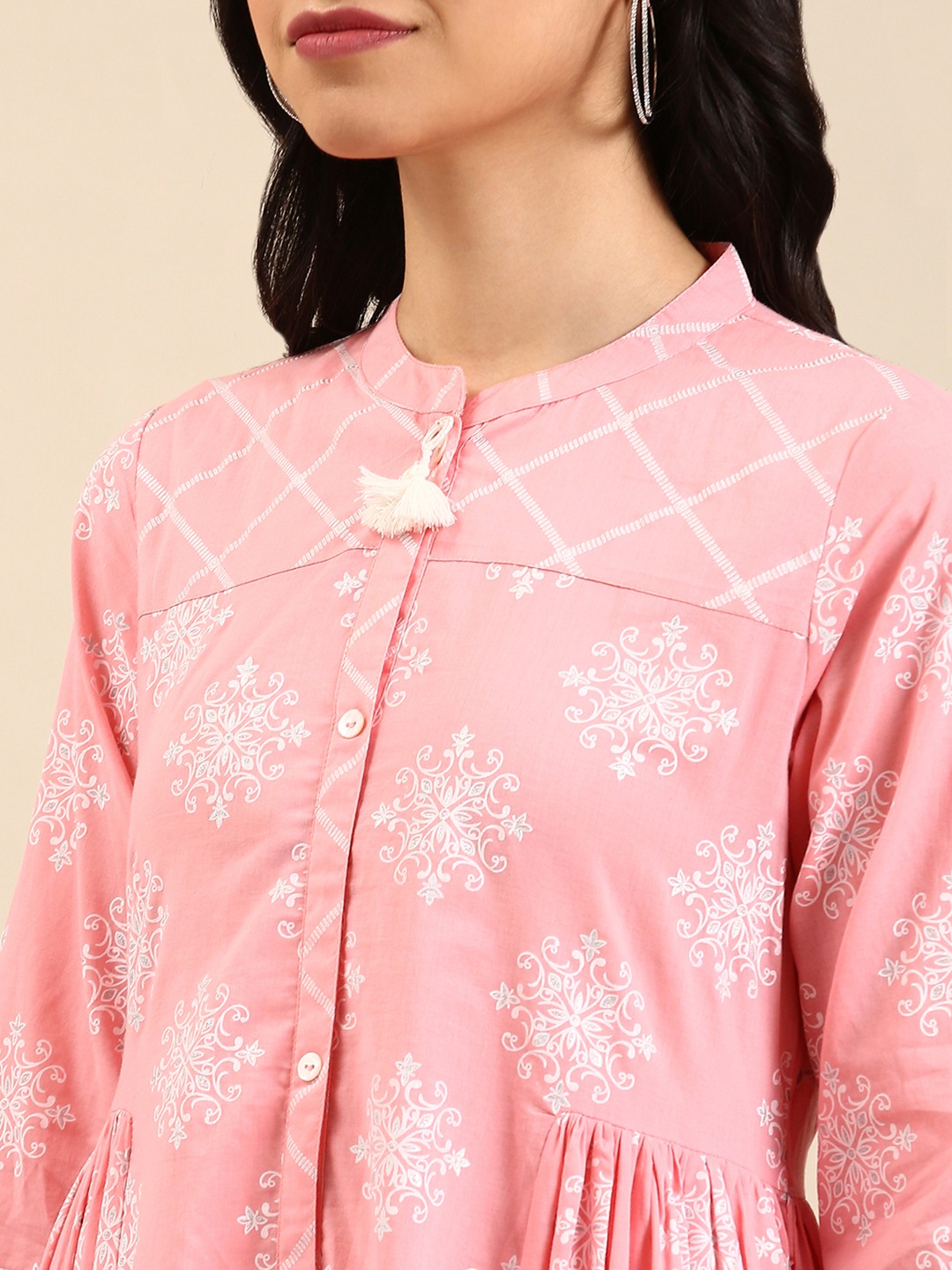 SHOWOFF Women Pink Ethnic Motifs Round Neck Three-Quarter Sleeves Ankle Length A-Line Kurta