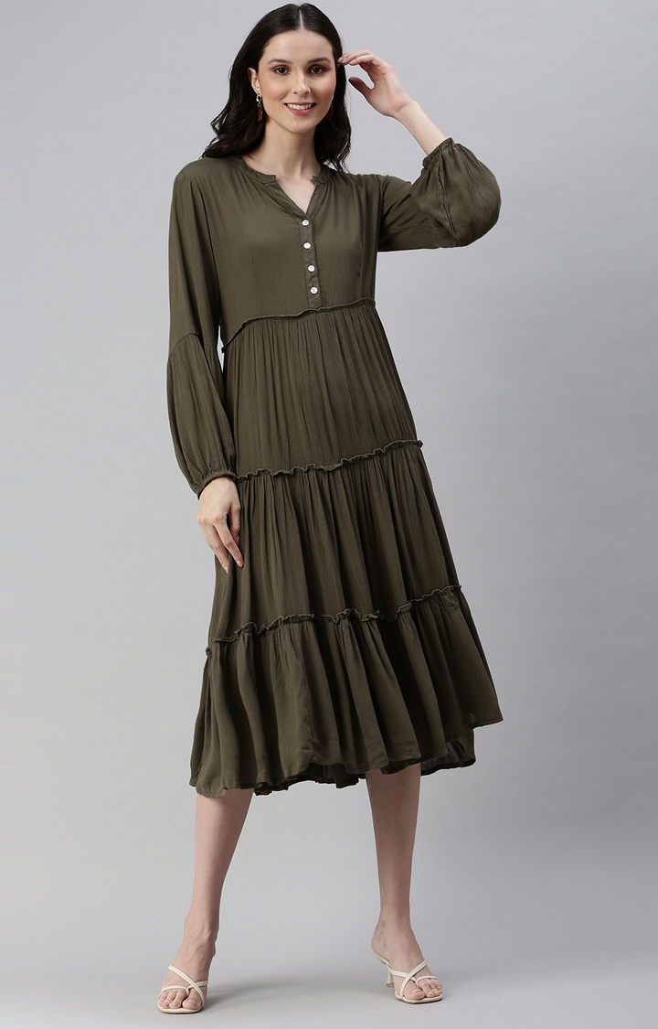 Showoff | SHOWOFF Women Olive Solid Mandarin Collar Full Sleeves Midi Fit and Flare Dress 0