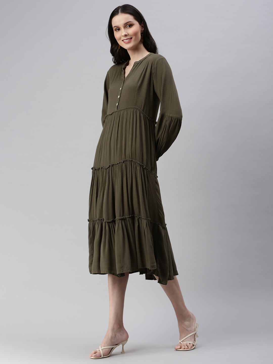 Showoff | SHOWOFF Women Olive Solid Mandarin Collar Full Sleeves Midi Fit and Flare Dress 2