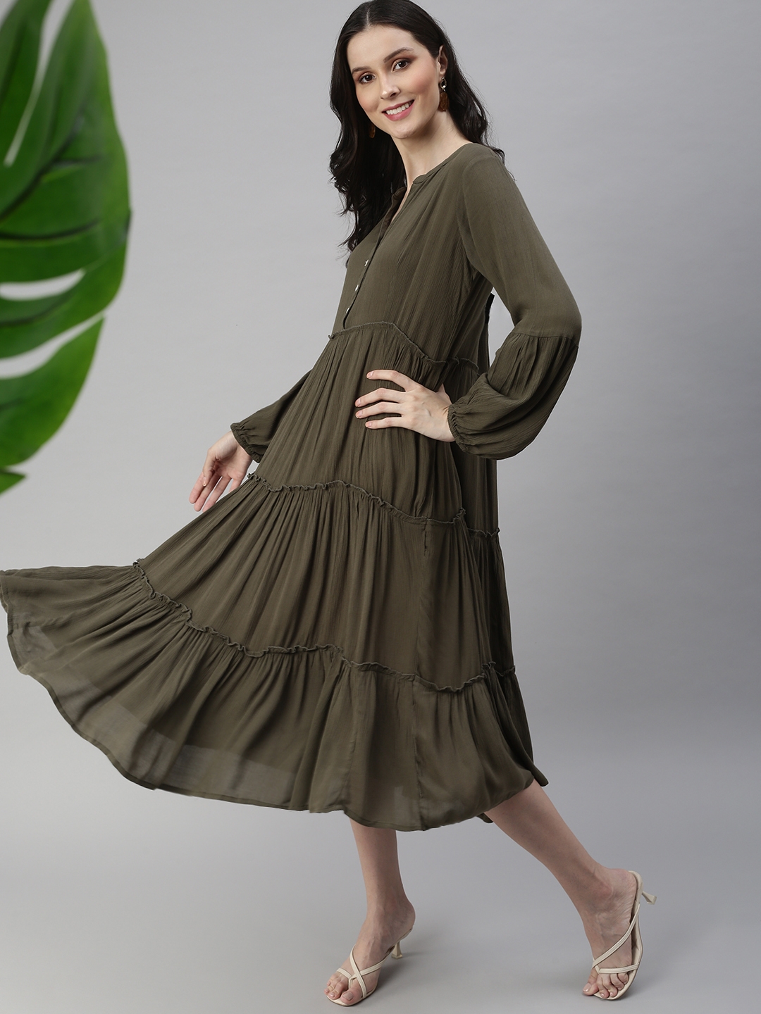 Showoff | SHOWOFF Women Olive Solid Mandarin Collar Full Sleeves Midi Fit and Flare Dress 4