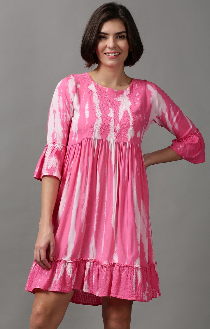 Showoff | SHOWOFF Women Pink Dyed Round Neck Three-Quarter Sleeves Knee length Empire Dress 0
