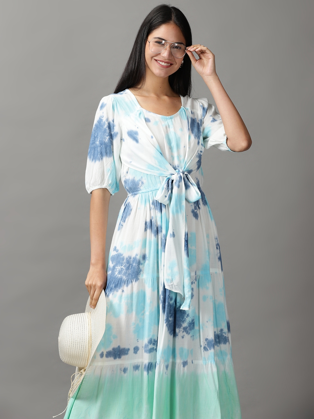 Showoff | SHOWOFF Women White Tie and Dye Round Neck Three-Quarter Sleeves Maxi Fit and Flare Dress 0