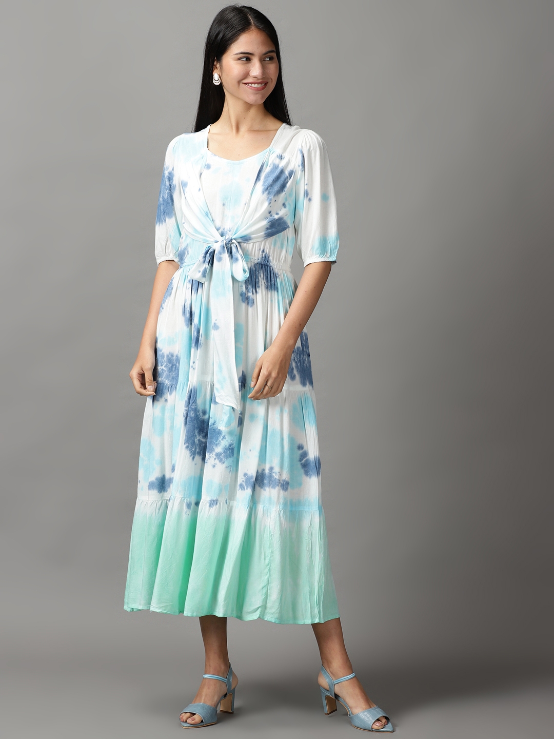 Showoff | SHOWOFF Women White Tie and Dye Round Neck Three-Quarter Sleeves Maxi Fit and Flare Dress 1