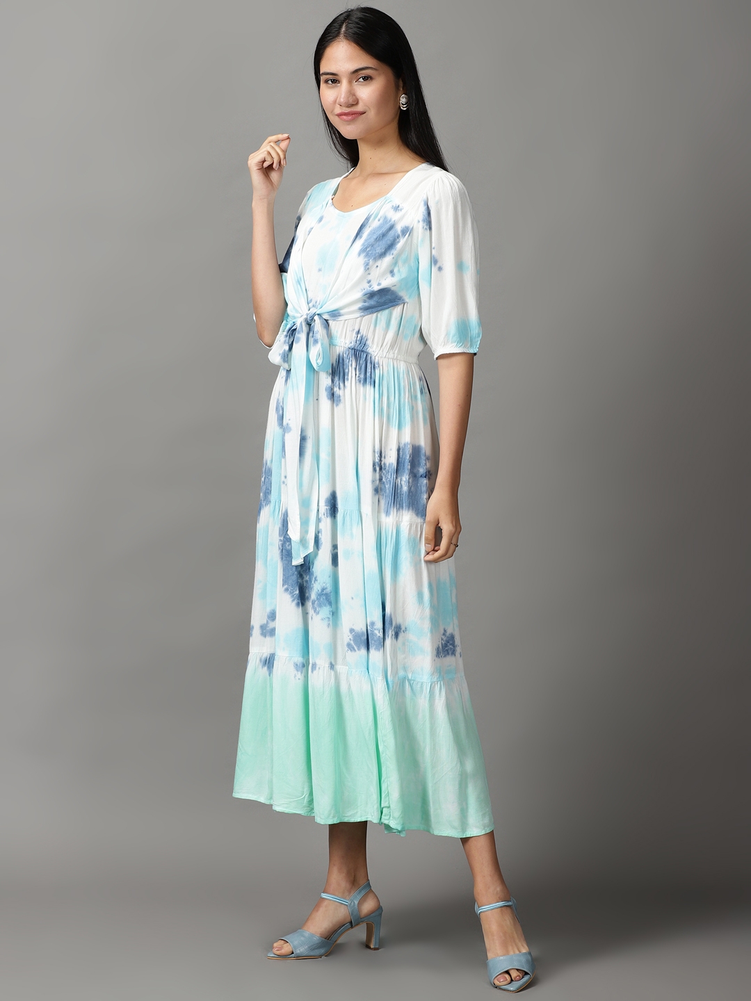 Showoff | SHOWOFF Women White Tie and Dye Round Neck Three-Quarter Sleeves Maxi Fit and Flare Dress 2