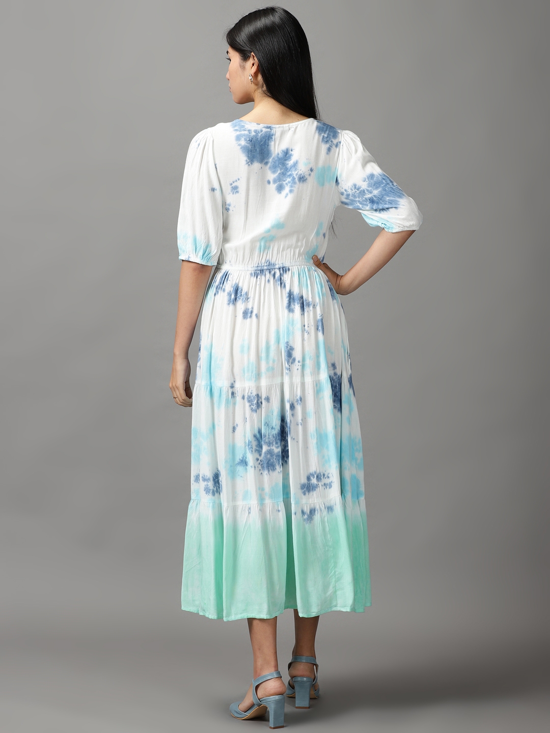 Showoff | SHOWOFF Women White Tie and Dye Round Neck Three-Quarter Sleeves Maxi Fit and Flare Dress 3