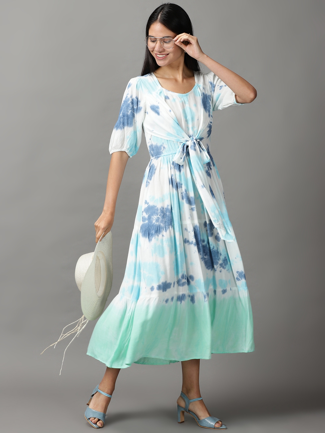 Showoff | SHOWOFF Women White Tie and Dye Round Neck Three-Quarter Sleeves Maxi Fit and Flare Dress 4