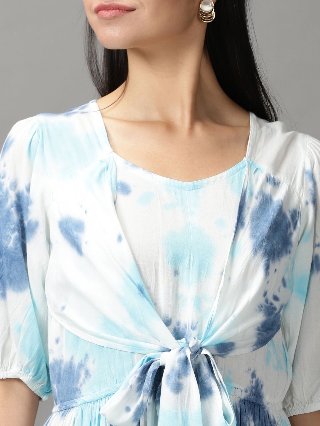 Showoff | SHOWOFF Women White Tie and Dye Round Neck Three-Quarter Sleeves Maxi Fit and Flare Dress 5