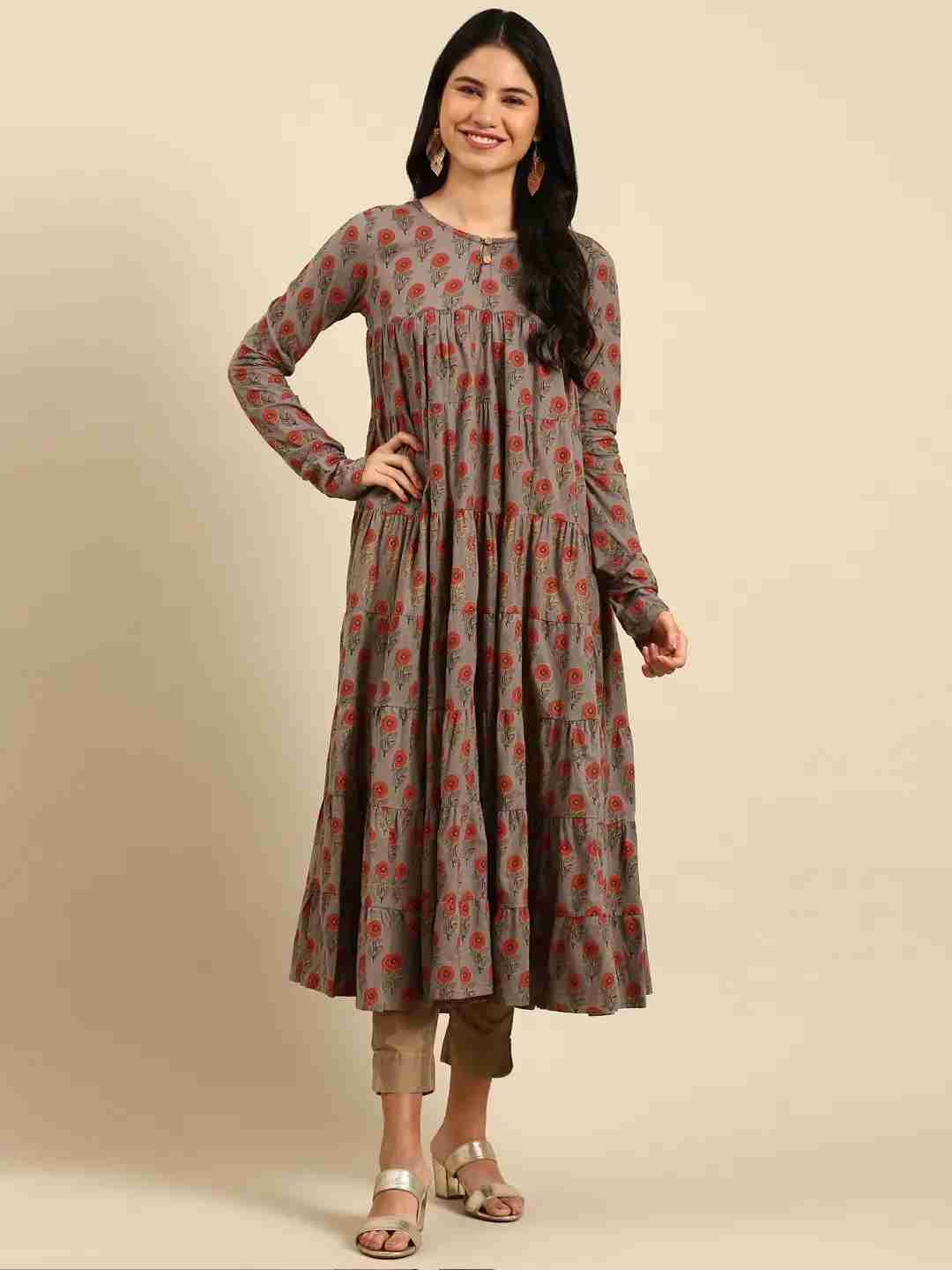 SHOWOFF Women Grey Floral Round Neck Full Sleeves Ankle Length Anarkali Kurta