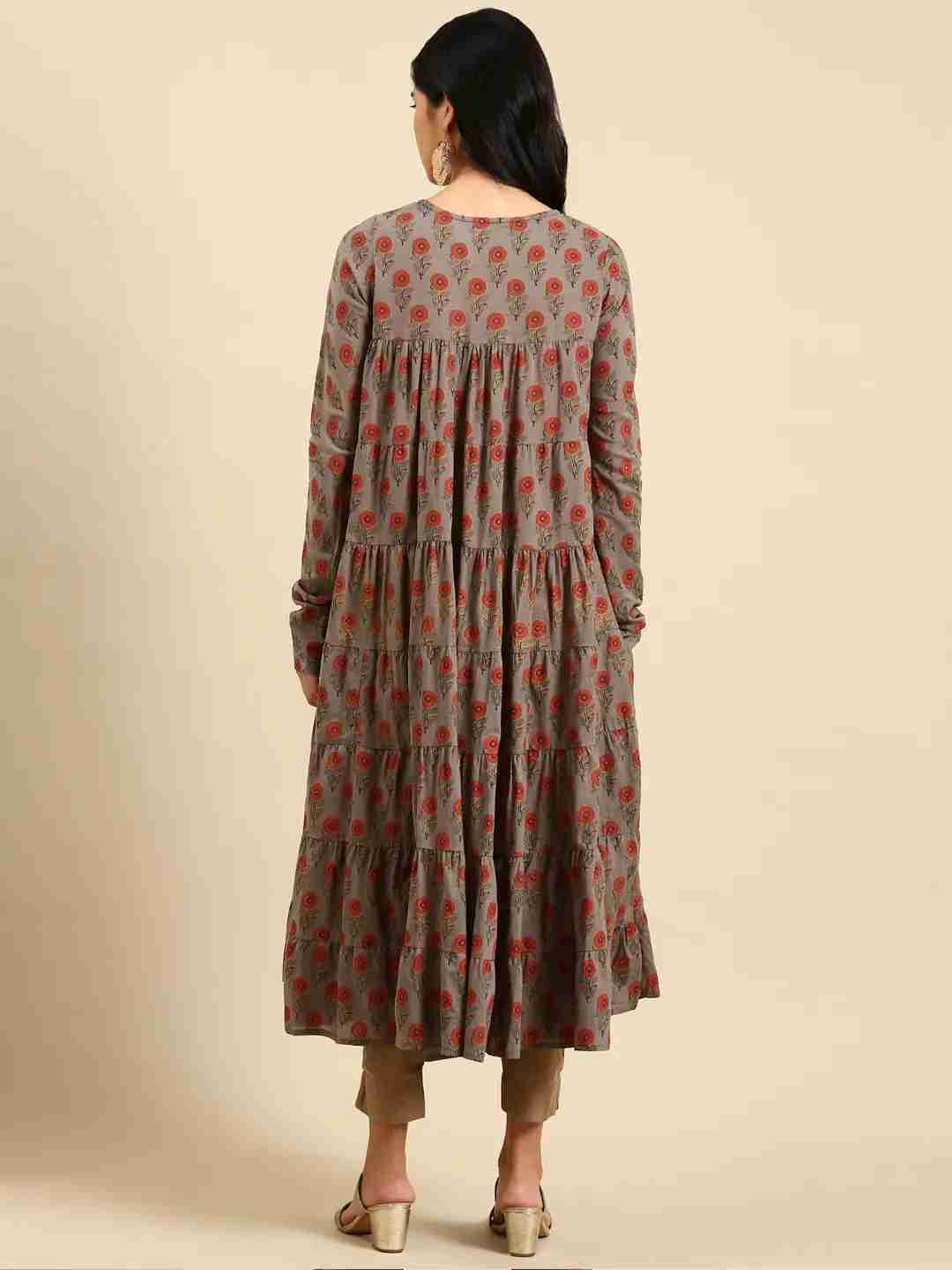 SHOWOFF Women Grey Floral Round Neck Full Sleeves Ankle Length Anarkali Kurta