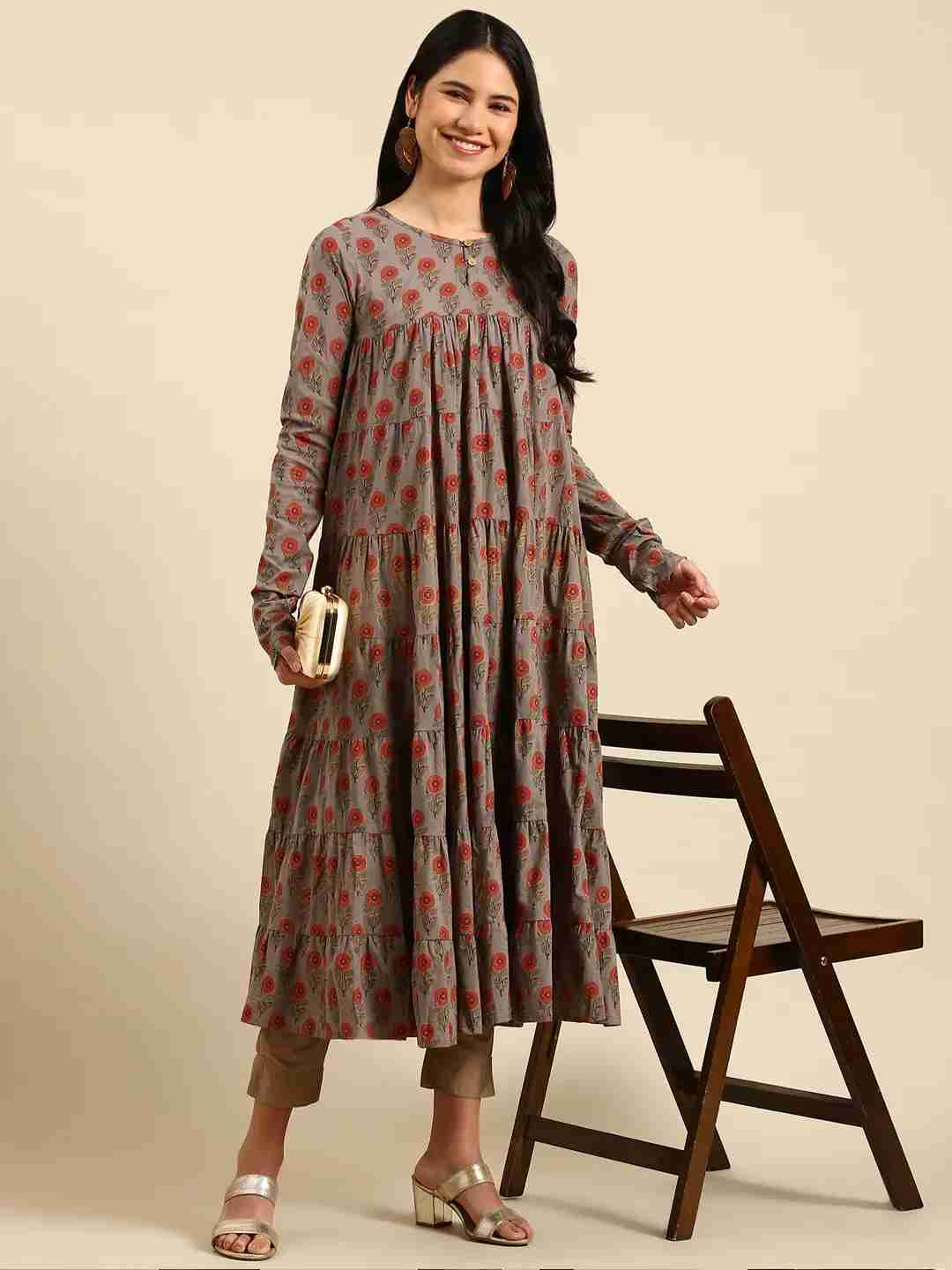 SHOWOFF Women Grey Floral Round Neck Full Sleeves Ankle Length Anarkali Kurta